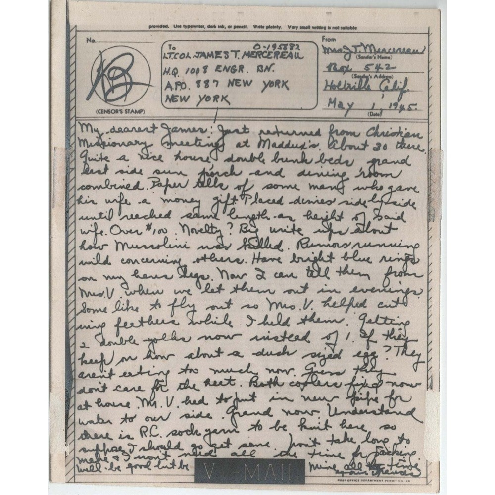 1945 WWII V-Mail Letter Mercereau Holtville CA Mussolini Death Homefront